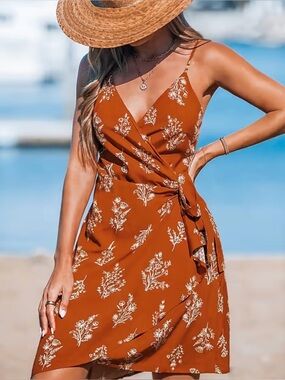 Brown Floral Coachella Wrap Mini Dress Sz M